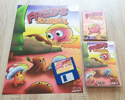 Amiga disk, manual, poster and case for Fred's Journey
